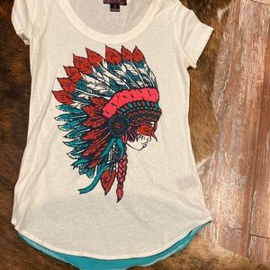 Rock n roll cowgirl collection cream with headdress and teal at bottom on back